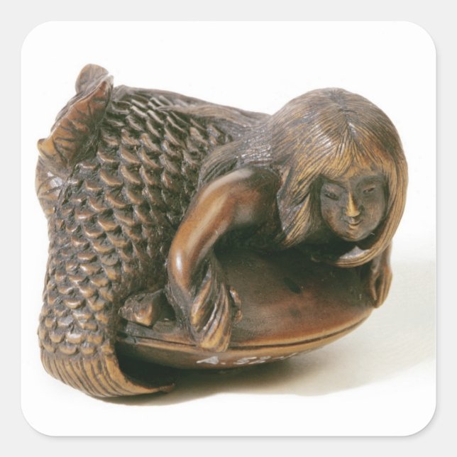 Netsuke carved in the shape of a mermaid square sticker (Front)