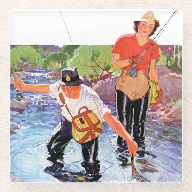 Netting A Fish by R.J. Cavaliere Glass Coaster (Front)