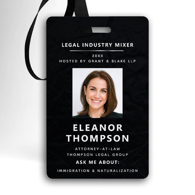 Networking Black Modern Elegant Photo QR Business ID Badge (networking business corporate qr photo badge law firm attorney real estate manager paralegal black)
