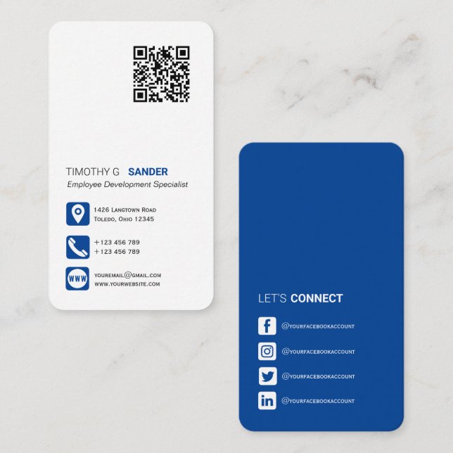 Networking QR code professional social media blue  Business Card (Front/Back)