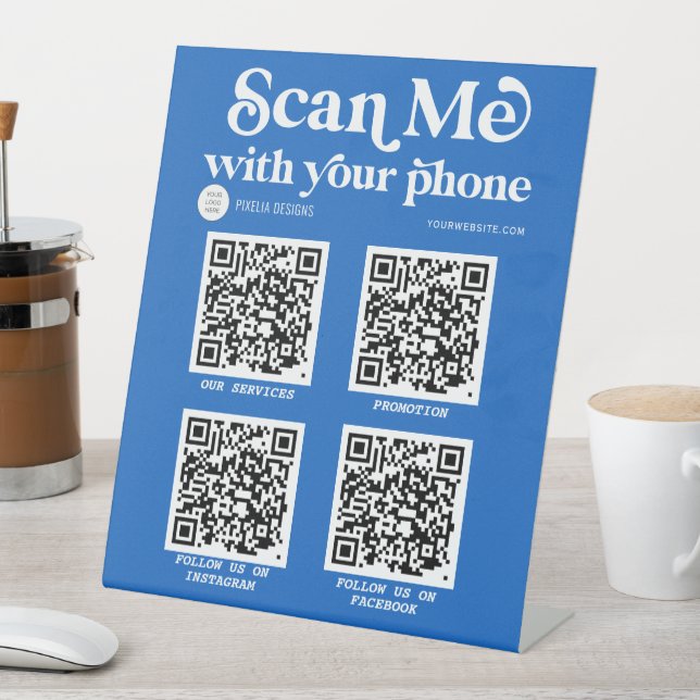 Networking social media Modern Trendy Blue QR code Pedestal Sign (In SItu)