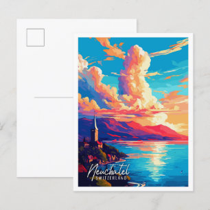 Neuchatel Switzerland vintage travel illustration Postcard