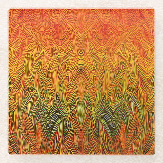 "Neural Firestorm" Abstract Yellow Orange Glass Coaster (Front)