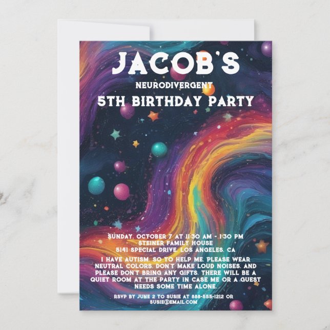 Neurodivergent Autistic Birthday Party Invitation (Front)