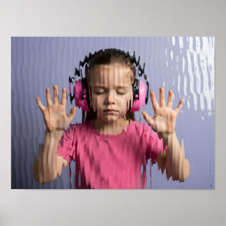 Neurodivergent kid girl with pink headphones press poster