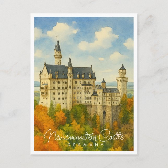 Neuschwanstein Castle Bavaria | Watercolor Holiday Postcard (Front)