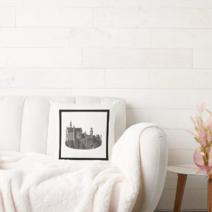 Neuschwanstein Castle Black and White Historic Art Cushion