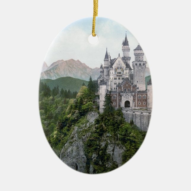 Neuschwanstein Castle Lithograph Ceramic Tree Decoration (Front)
