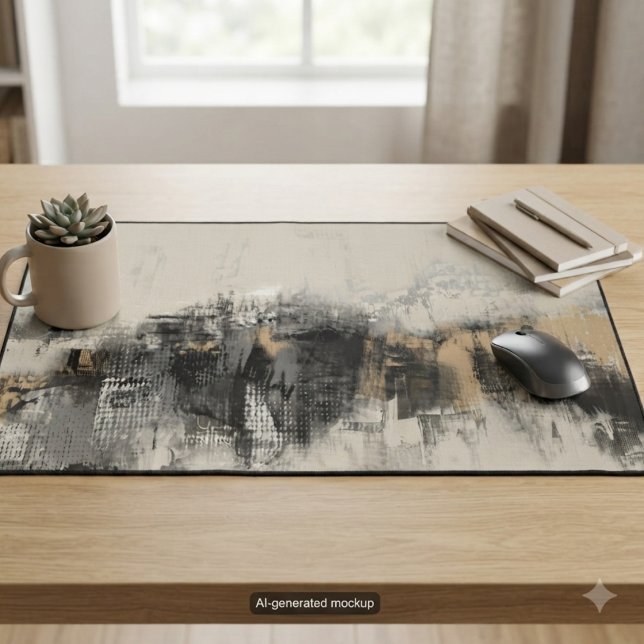 Neutral Abstract Brushstroke Modern Art Desk Mat (Elevate your professional workspace with sophisticated, serene abstract brushstrokes.)