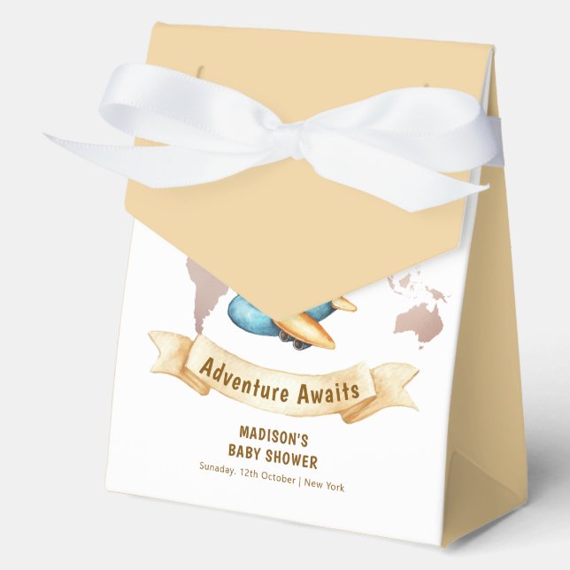 Neutral Adventure World Map Airplane Baby Shower  Favour Box (Front)