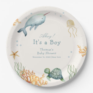Neutral Ahoy Under The Sea Whale Boy Baby Shower Paper Plate
