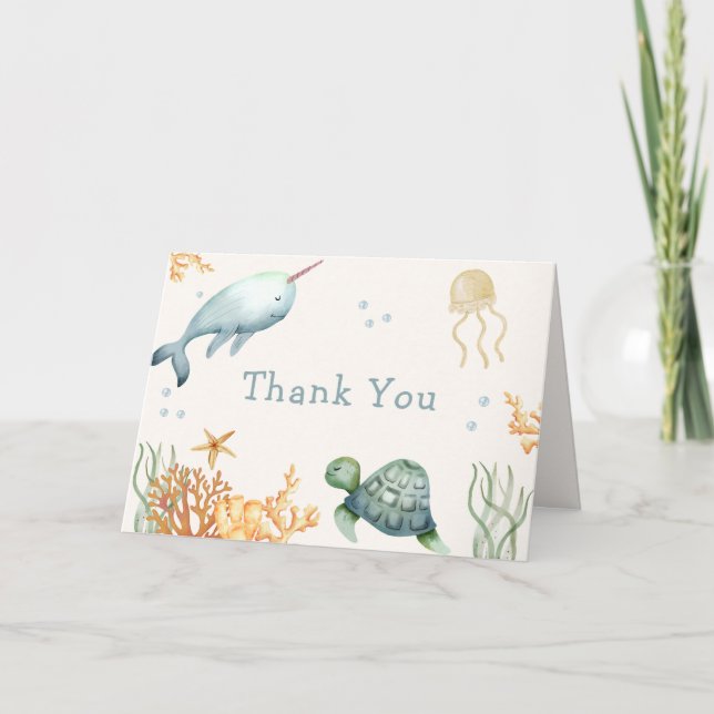 Neutral Ahoy Under The Sea Whale Boy Baby Shower  Thank You Card (Front)