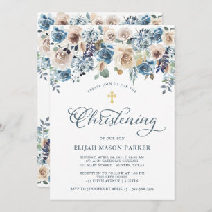Neutral and Blue Floral   Boy or Girl Christening Invitation