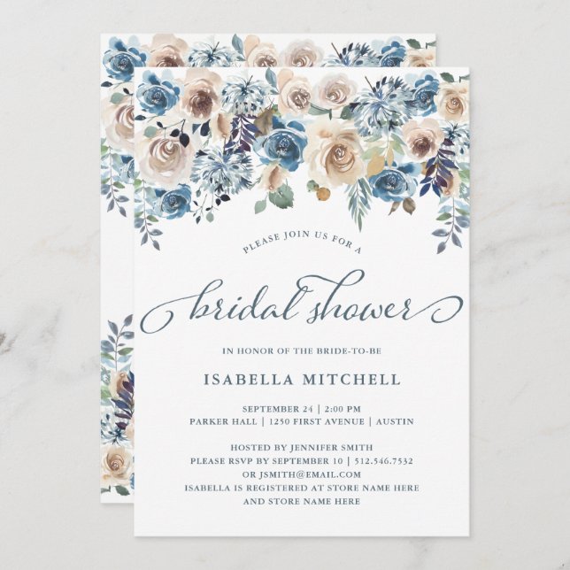 Neutral and Blue Floral | Bridal Shower Invitation (Front/Back)