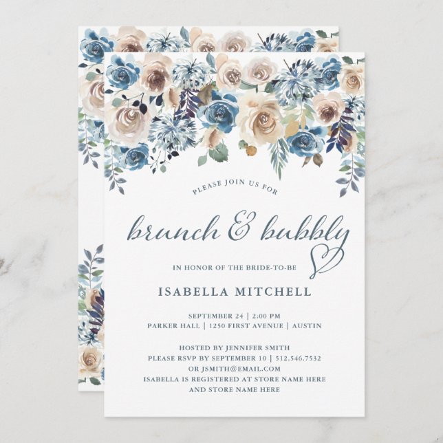 Neutral and Blue Floral | Brunch and Bubbly Invitation (Front/Back)