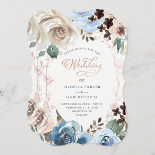 Neutral and Blue Floral   Faux Rose Gold Wedding Invitation