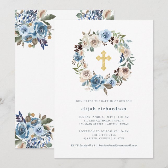Neutral and Blue Floral | Gold Cross Baptism Invitation (Front/Back)