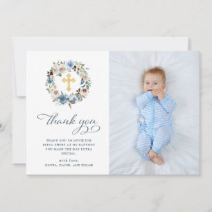Neutral and Blue Floral Photo Baptism Thank You Card