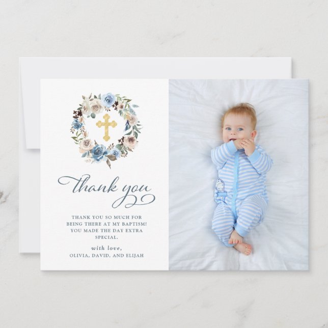 Neutral and Blue Floral | Photo Baptism Thank You Card (Front)