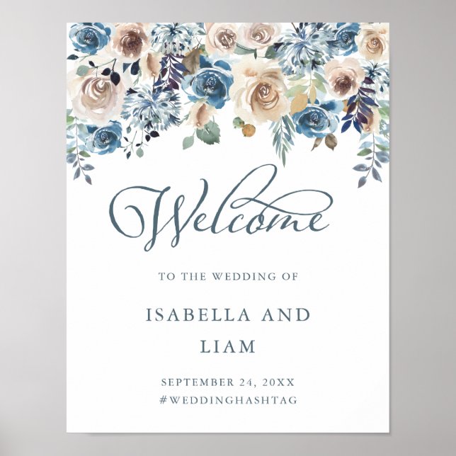 Neutral and Blue Floral | Wedding Welcome Poster (Front)