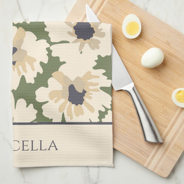 Neutral and Green Floral Patterns Personalised  Tea Towel (Quarter Fold)