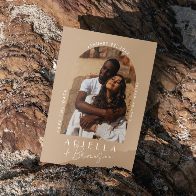 Neutral and Modern Tan Photo Save The Date Card (Creator Uploaded)