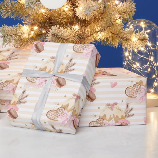 Neutral and Pink Christmas Dessert Pattern Wrapping Paper (Holidays)