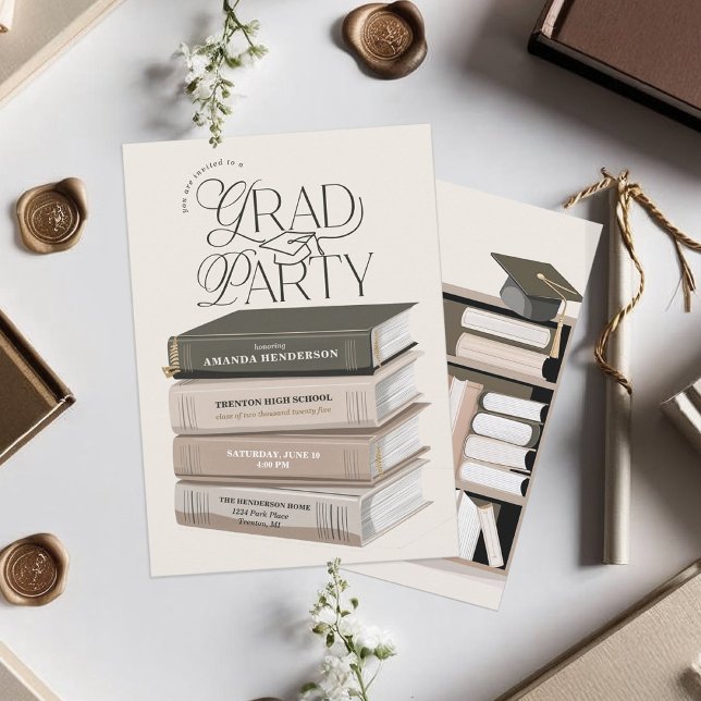Neutral and Soft Book Stack Grad Party Invitation (Elegant Book Stack Grad Party Invitation. Grad Party Invitation for English Major. )