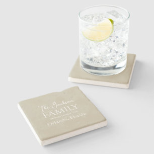 Neutral and White Simple Customisable Family Name Stone Coaster