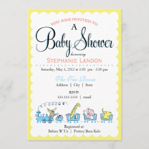 Neutral Animal Train Retro Baby Shower Invitation