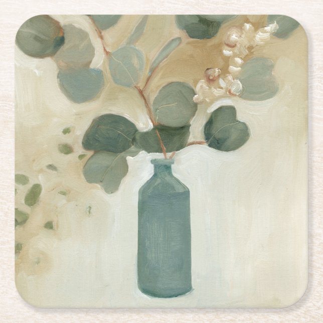 Neutral Arrangement - Greenery in Vase Square Paper Coaster (Front)