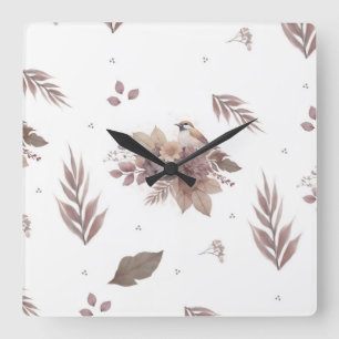 Neutral Autumn Bird Seamless Pattern  Square Wall Clock