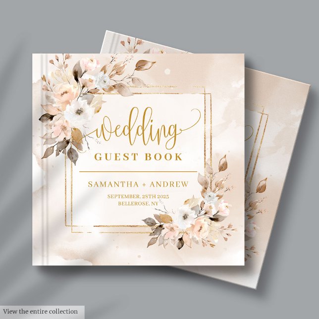 Neutral Autumn Boho Floral Gold Wedding Guest Book (Neutral Autumn Boho Floral Gold Wedding Guest Book)