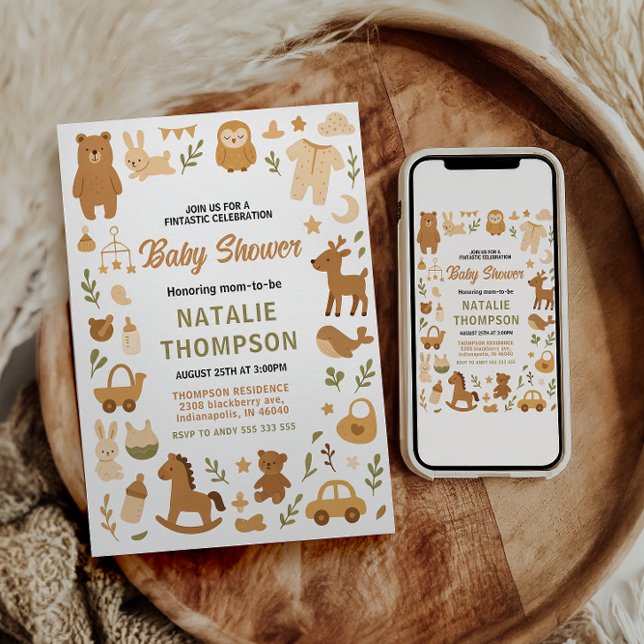 Neutral Baby Boy Shower | Cute Safari Animal Invitation (Neutral Baby Boy Shower | Cute Safari Animal Invitation)