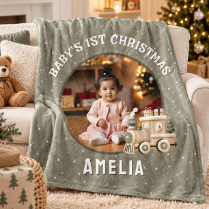 Neutral Baby’s 1st Christmas Train Keepsake Photo Fleece Blanket