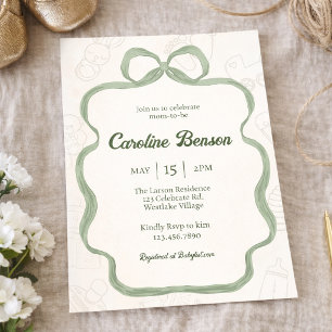Neutral Baby Shower, Baby Shower, Sage Green Bow Invitation