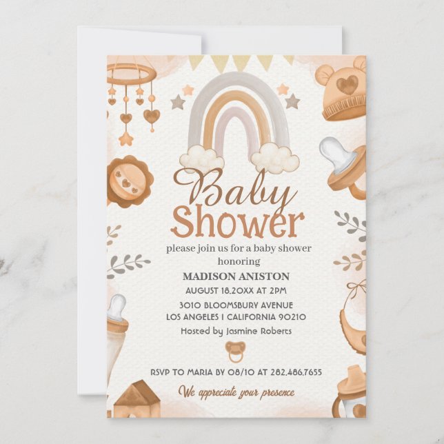 Neutral Baby Shower Invitation | Cute Boho Rainbow (Front)