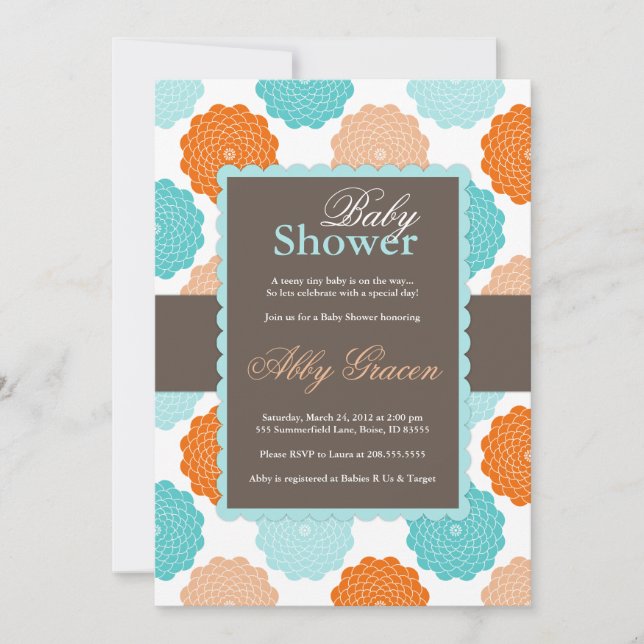 Neutral Baby Shower Invitation, Orange, Aqua, 976 Invitation (Front)