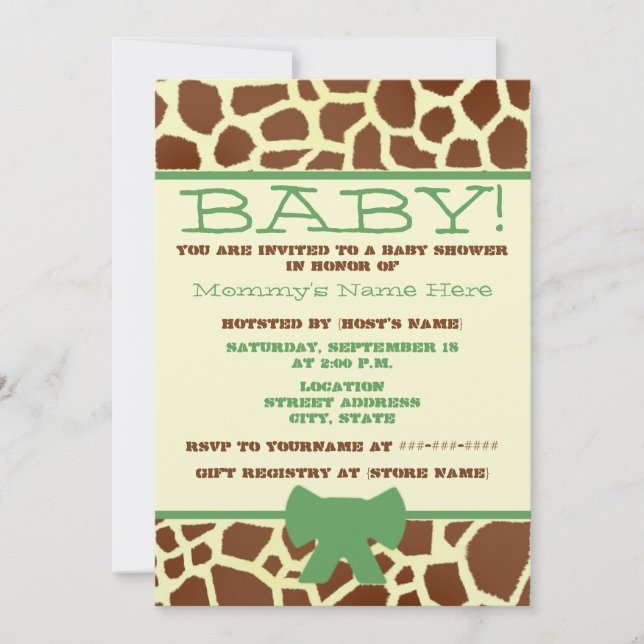 Neutral Baby Shower Invite - Giraffe Print & Green (Front)