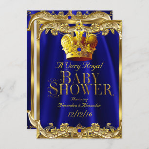 Neutral Baby Shower Royal Blue Gem Gold Crown Invitation