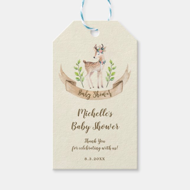 neutral baby shower tags favours deer (Front)