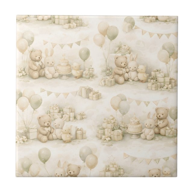 Neutral Baby Shower Teddy Bear Party Pattern Ceramic Tile (Front)