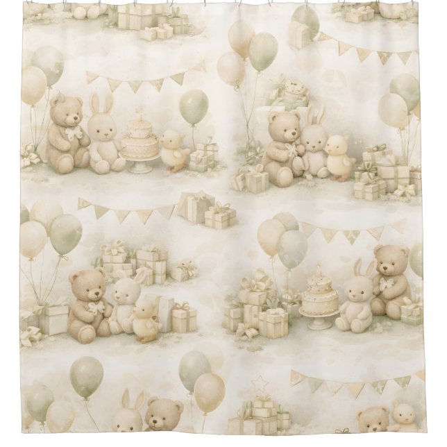 Neutral Baby Shower Teddy Bear Party Pattern Curtain (Front)