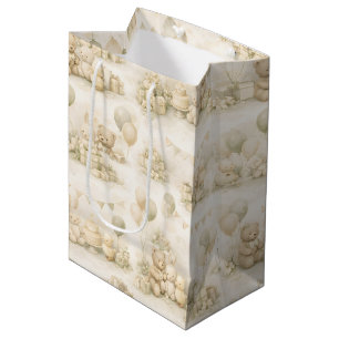 Neutral Baby Shower Teddy Bear Party Pattern Medium Gift Bag