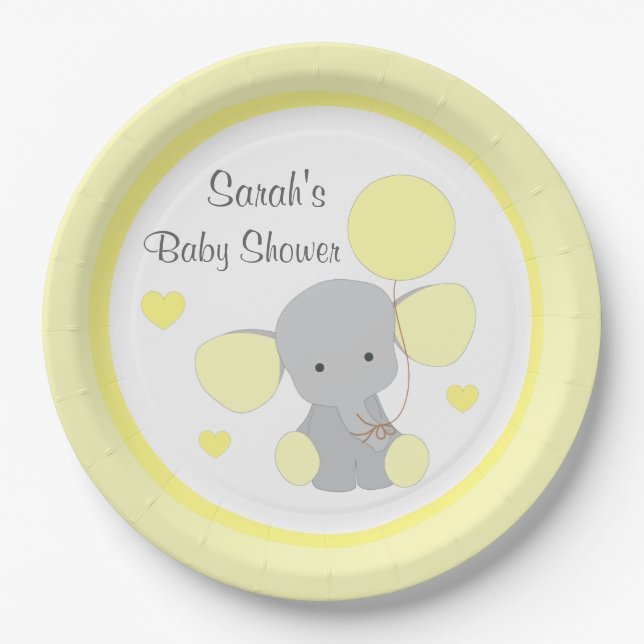 Neutral Baby Shower Yellow Grey Elephant Sprinkle Paper Plate (Front)
