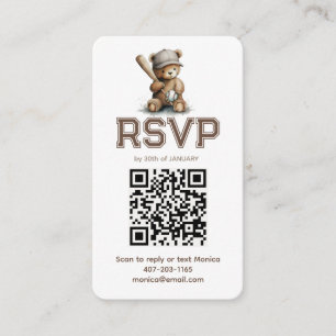 Neutral Baseball Teddy Bear Baby Shower QR RSVP  Enclosure Card