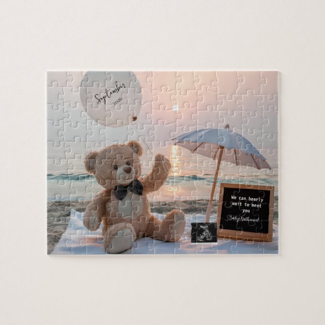 Neutral Beachside Expecting Baby Announcement  Jigsaw Puzzle (Horizontal)