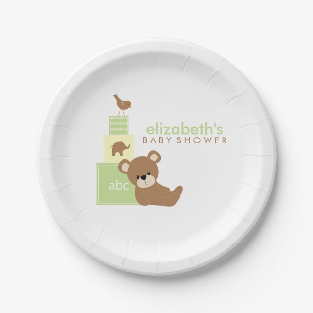 Neutral Bear and Toy Blocks Baby Shower Paper Plate (Front)