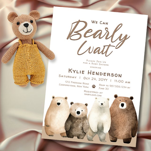 Neutral Bearly Wait Teddy Bear Baby Shower Invitation (Neutral Bearly Wait Teddy Baby Baby Shower Invitation)