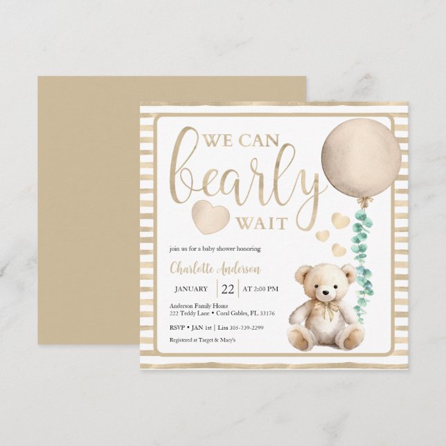 Neutral Bearly Wait Teddy Bear Shower Invite (Front/Back)